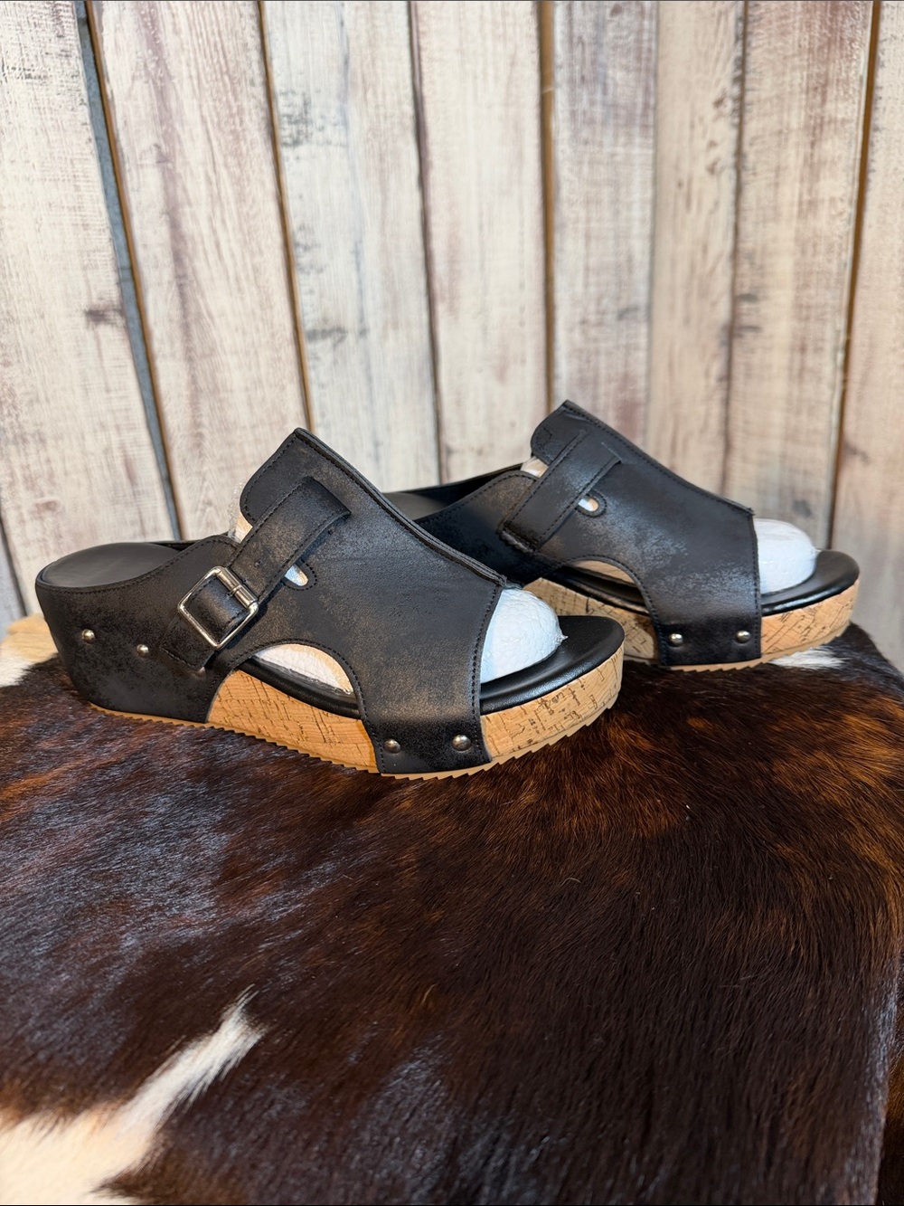 Black Cork Wedge Slide Sandals